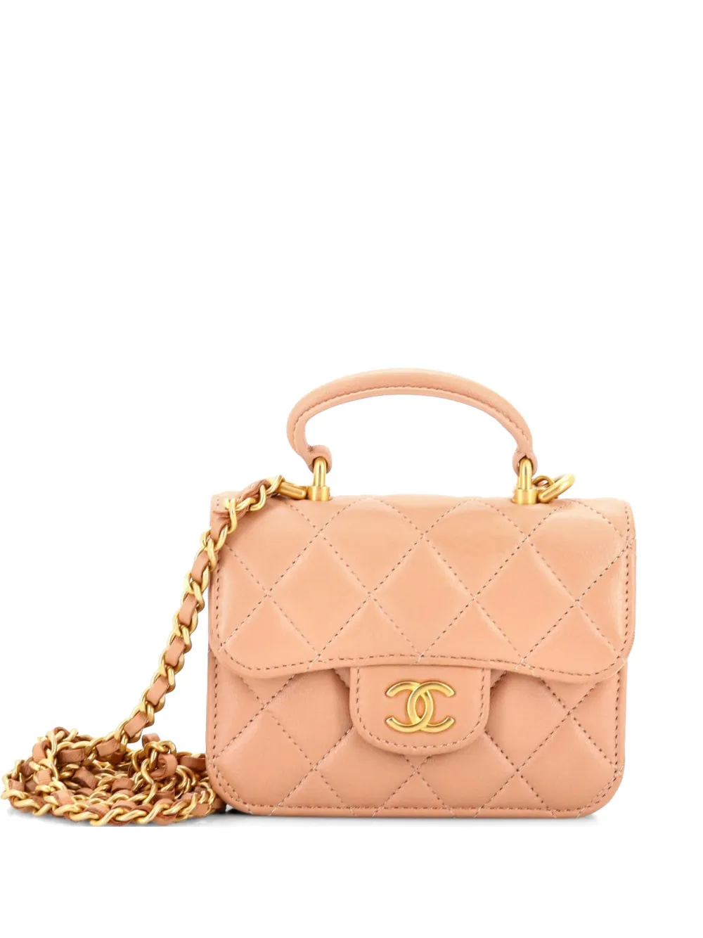CHANEL Pre-Owned Top Handle Flap Münztäschchen mit gesteppter Lammleder-Umhängetasche - Nude