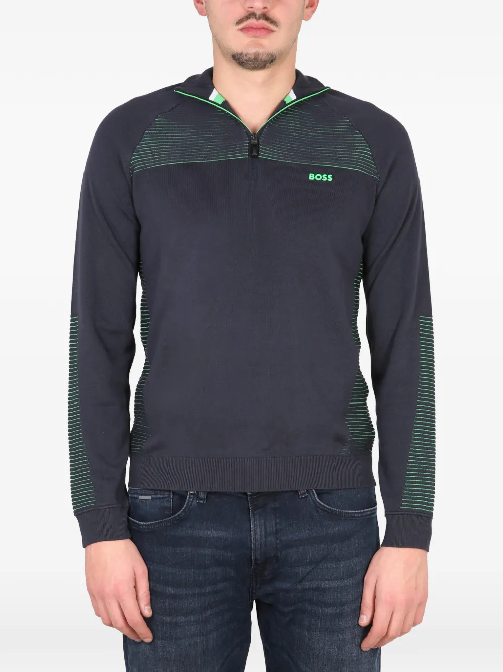 BOSS striped zip-neck sweater - Blau