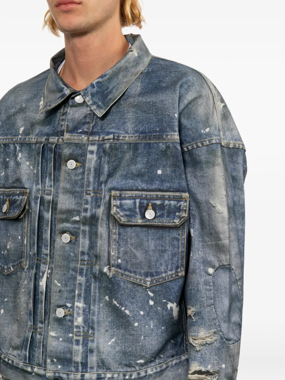 Junya Watanabe MAN Denim jack met verfspatten Blauw
