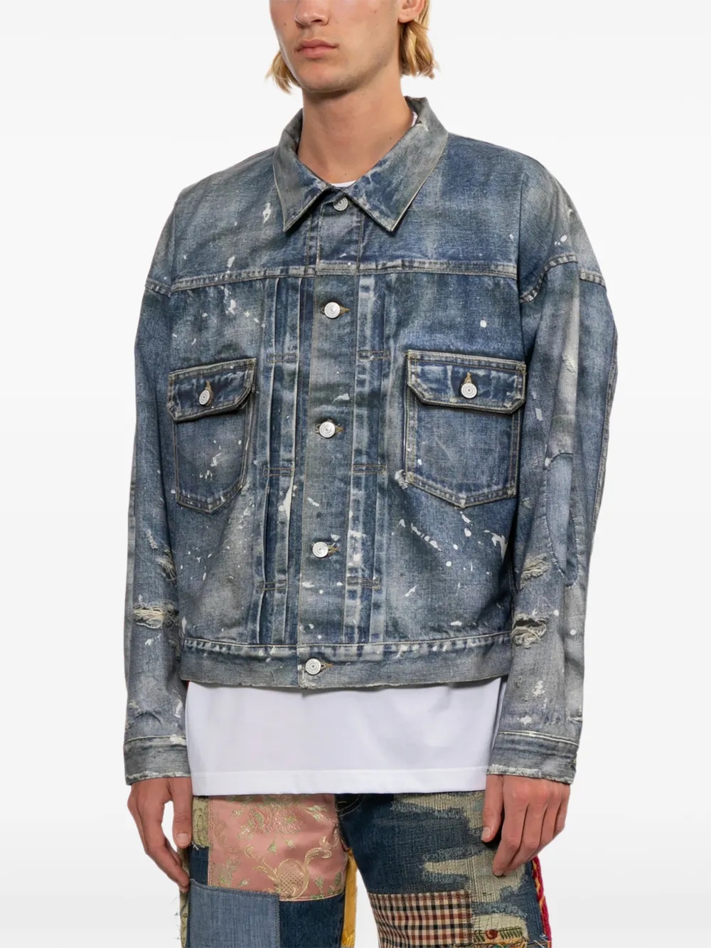 Junya Watanabe MAN Denim jack met verfspatten Blauw
