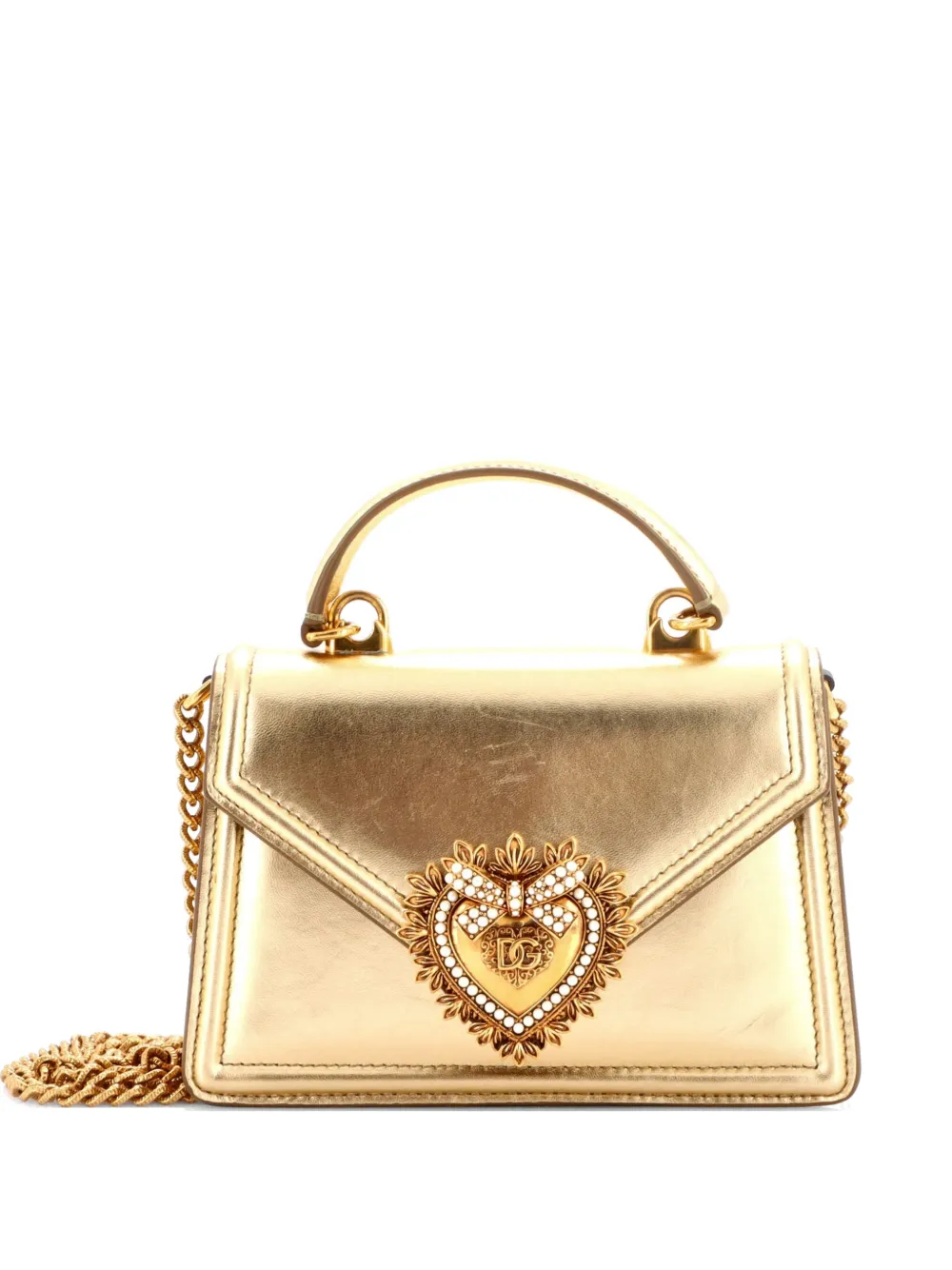 Pre-owned Dolce & Gabbana Devotion Top Handle Bag Leather Small Satchel In Gold
