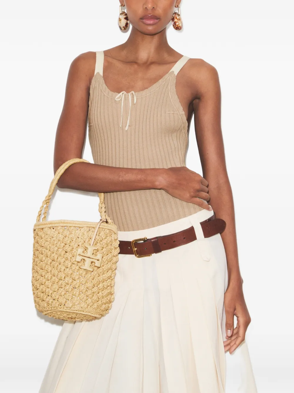 Tory Burch Ella handgehaakte bucket-tas Beige