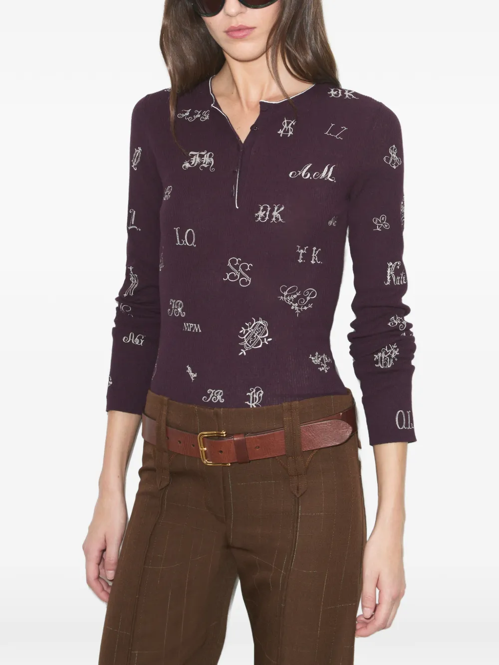 Tory Burch Embroidered Henley Sweater in Purple, view 4
