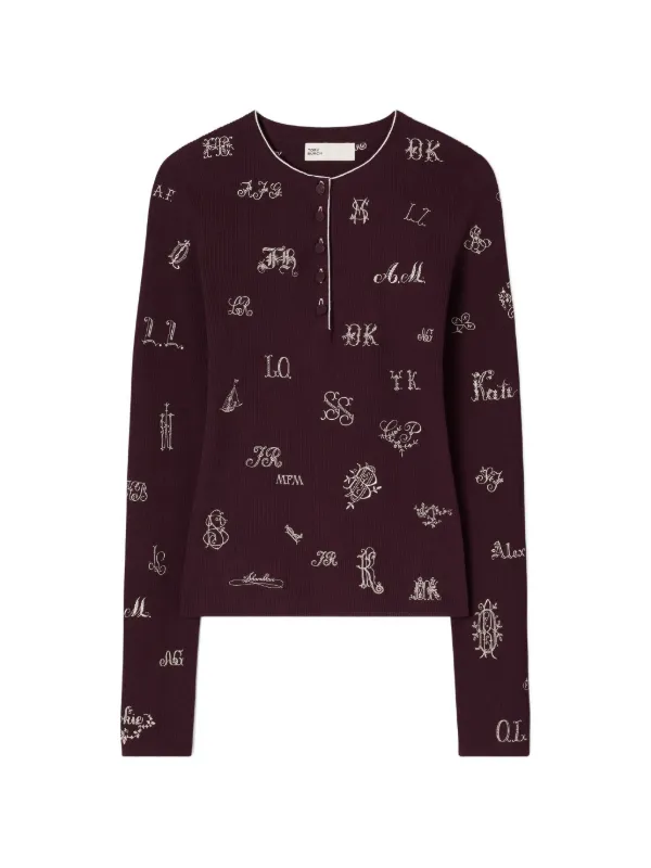 Tory Burch Embroidered Henley Sweater in Purple