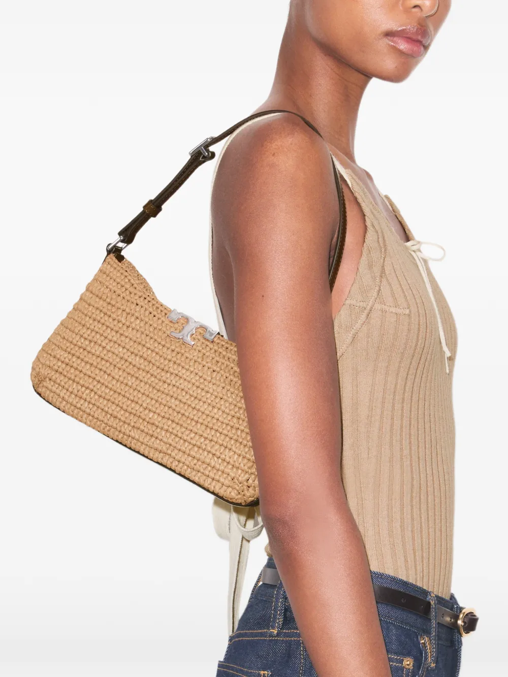 Tory Burch Eleanor Slim raffia schoudertas Beige