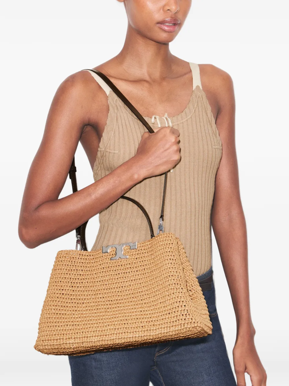 Tory Burch Eleanor raffia tas Beige