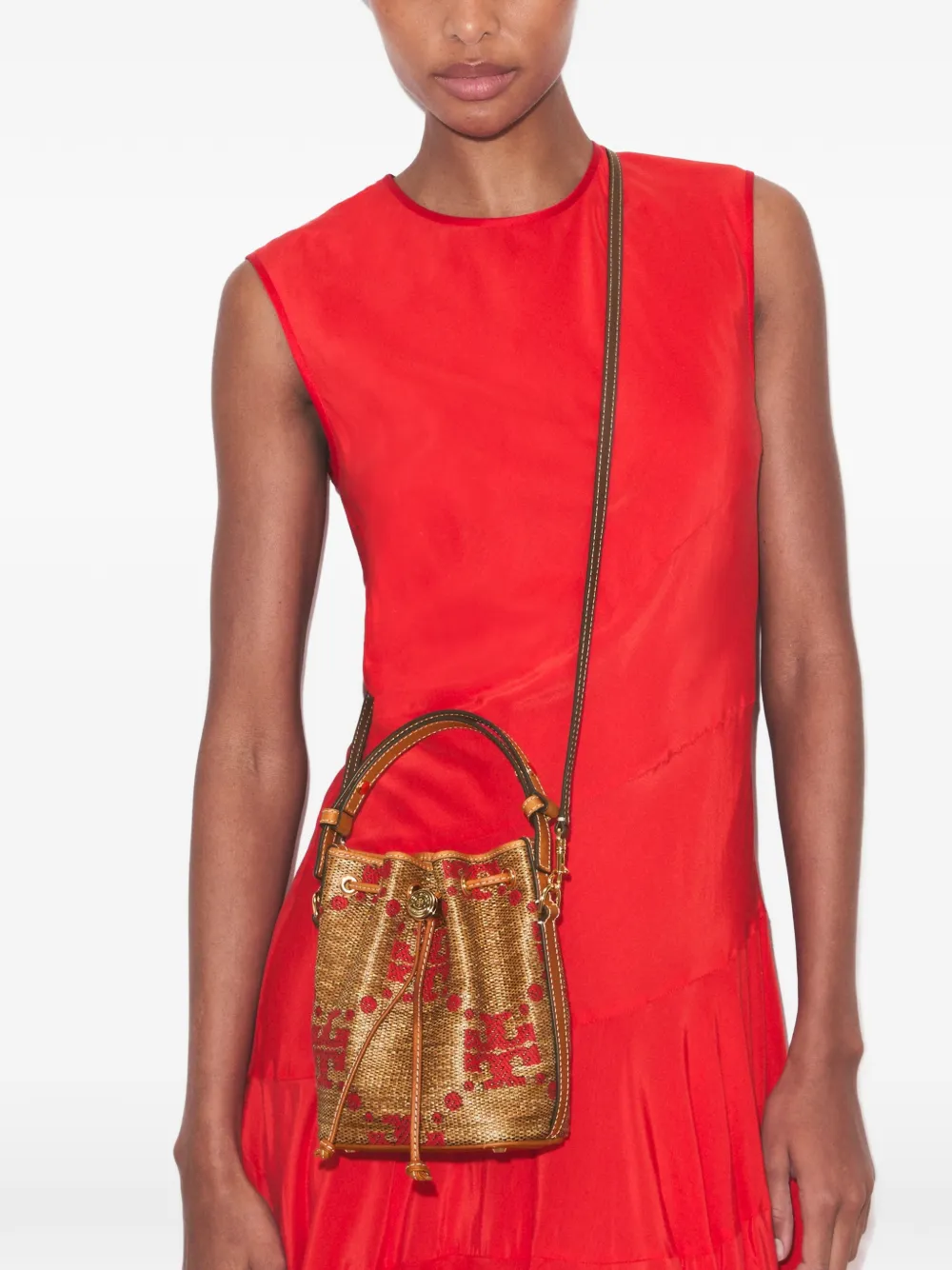  Tory Burch Borsa A Secchiello Mini T Monogram In Paglia - Toni Neutri 