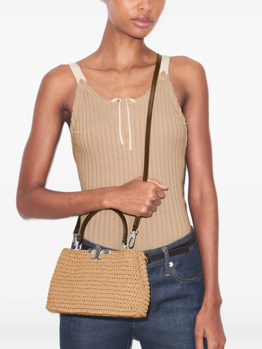 Tory Burch Eleanor raffia mini-tas Beige