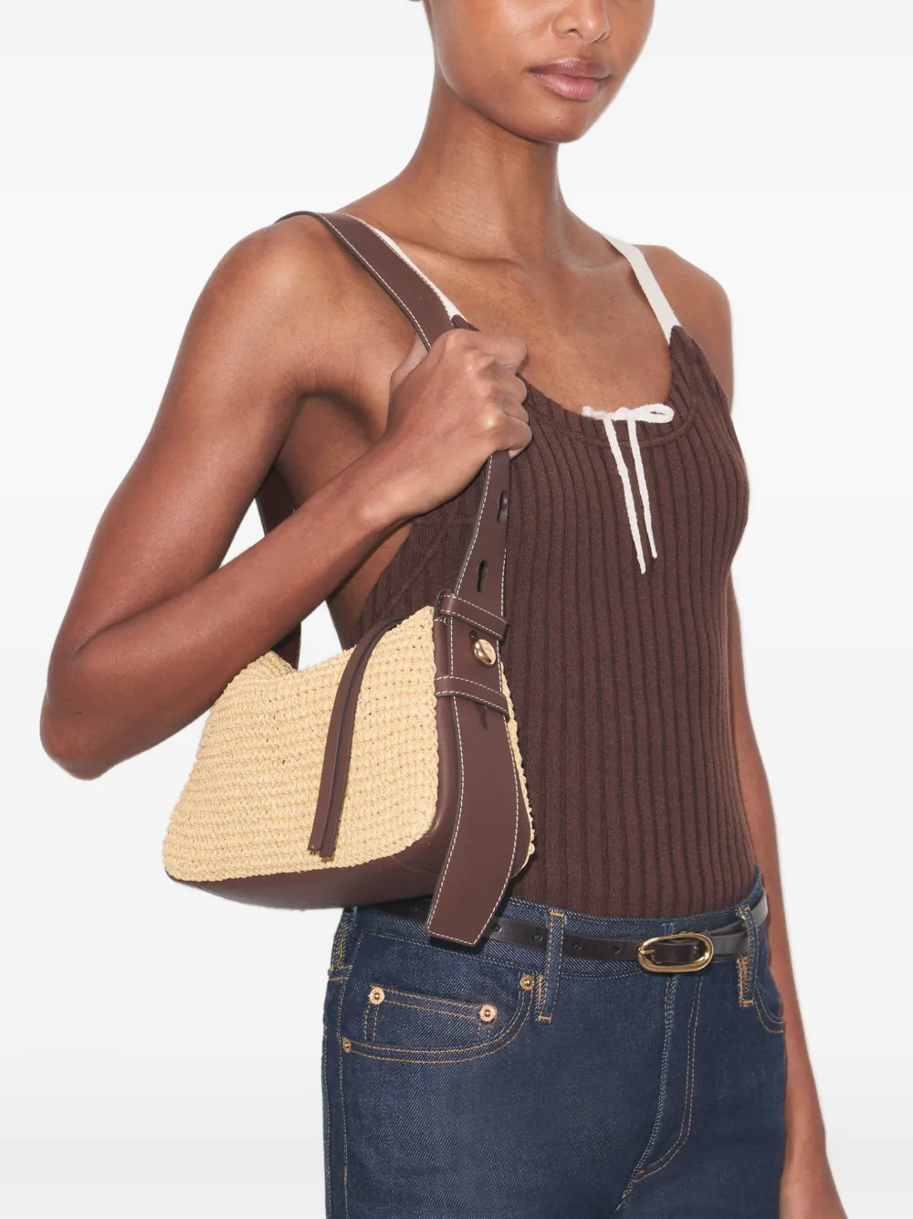 Tory Burch Kleine Romy geweven schoudertas Beige