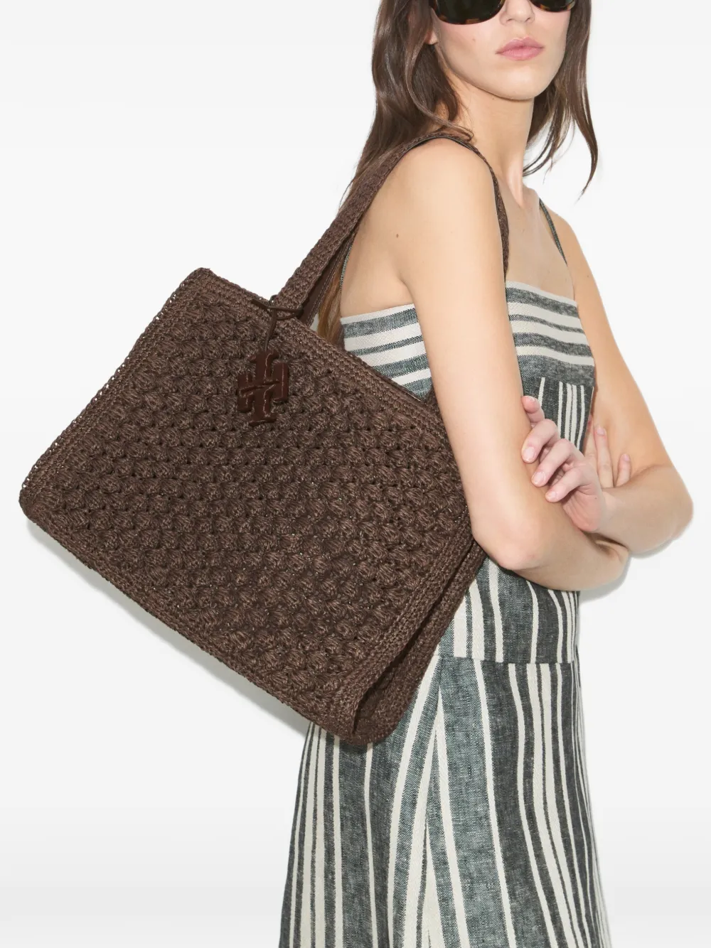Tory Burch Ella kleine handgehaakte popcorn shopper Bruin