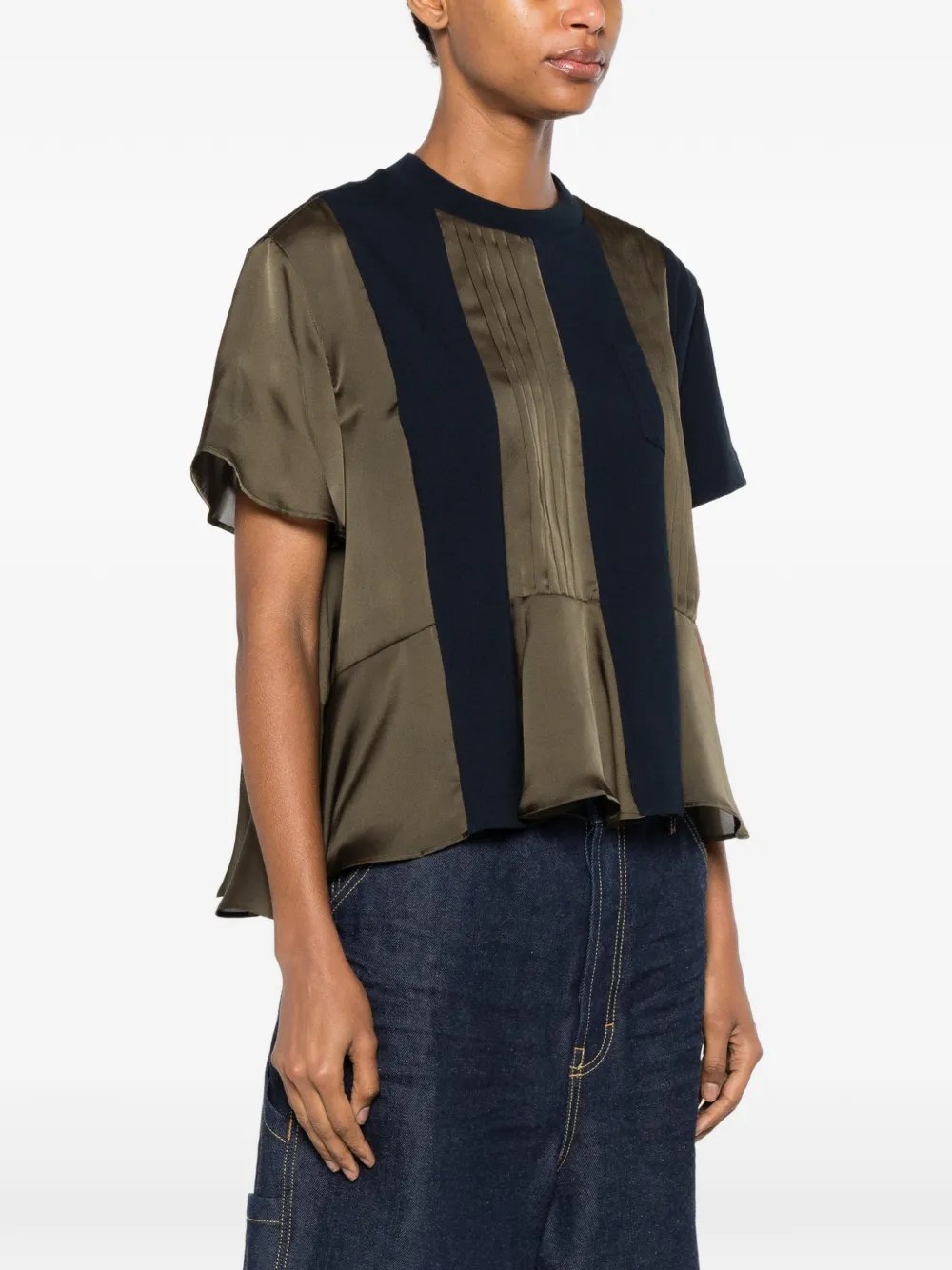 sacai Geplooid T-shirt met satijnen vlak Blauw