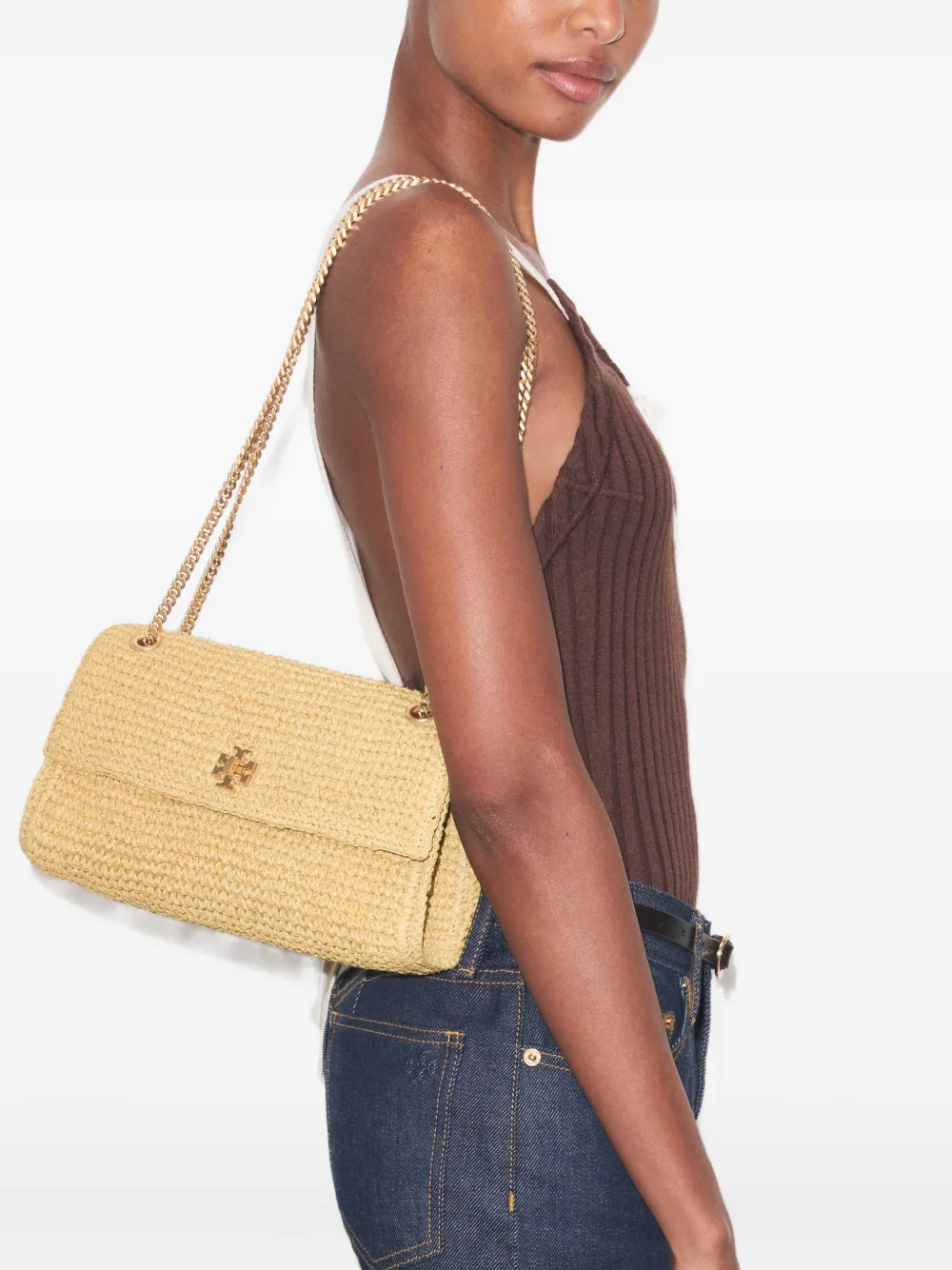 Tory Burch Kira geweven schoudertas met draaislot Beige