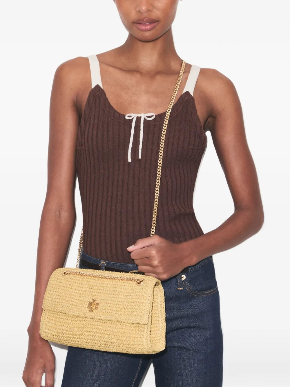 Tory Burch Kira geweven schoudertas met draaislot Beige