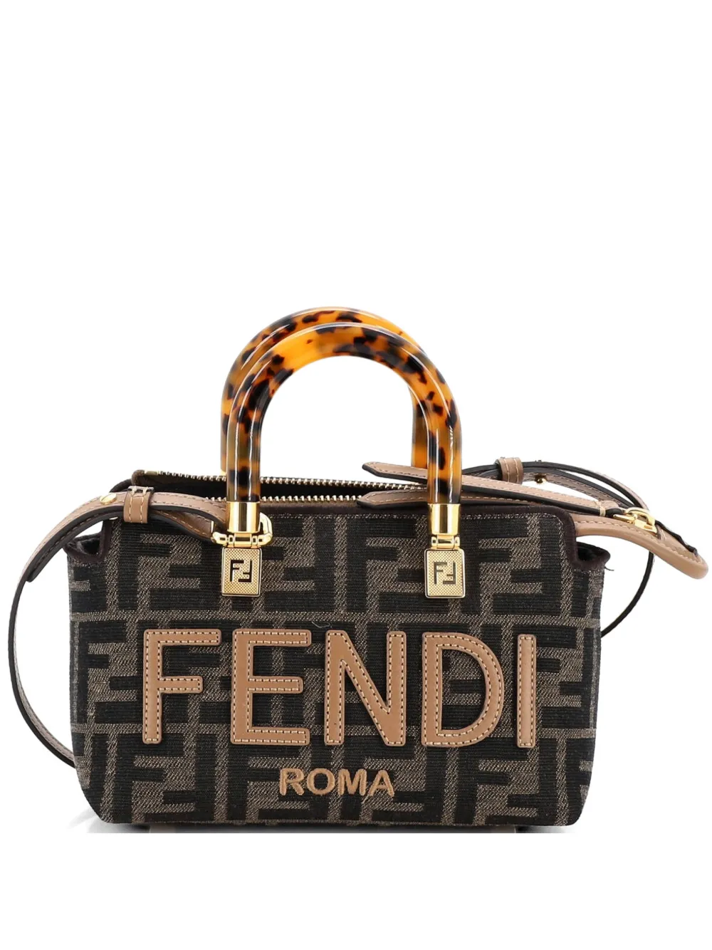 Pre-owned Fendi Logo By The Way Top Handle Bag Zucca Embroidered Canvas Mini Satchel In Brown