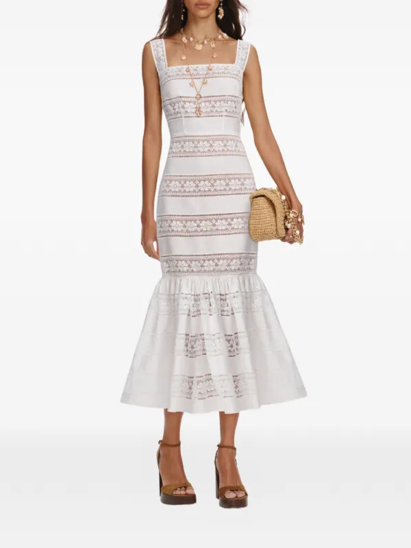 self portrait white linen lace insert midi dress Self-portrait Ribbed Midi-length Dress With Lace Insets
