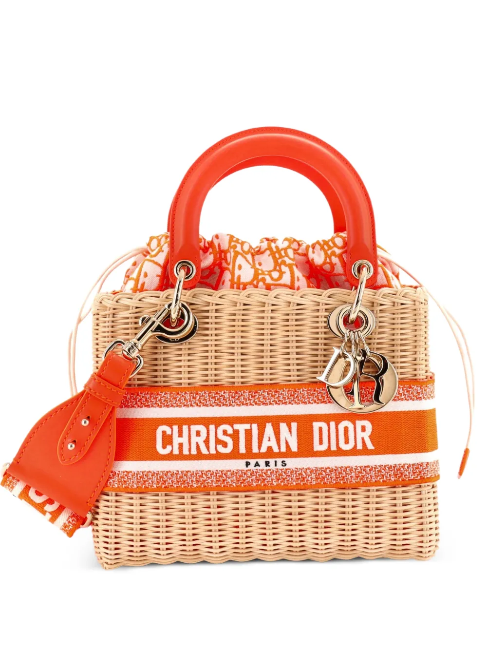 Christian Dior Pre-Owned Borsa tote Lady Dior media in vimini e tela con motivo Oblique - Arancione