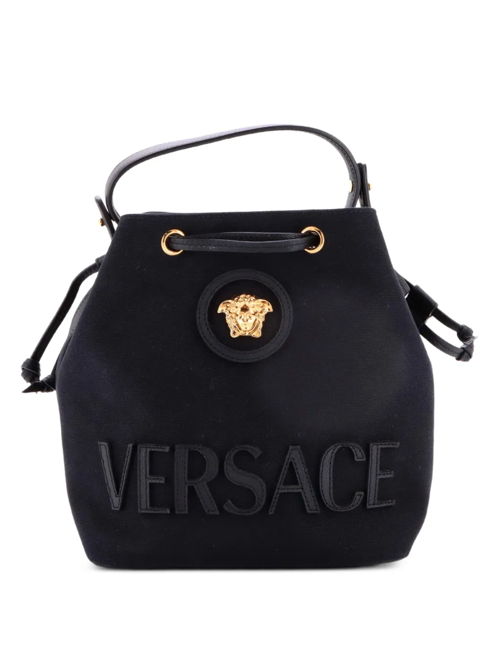 Versace Pre-Owned La Medusa Drawstring Canvas with Leather Small bucket bag - Nero