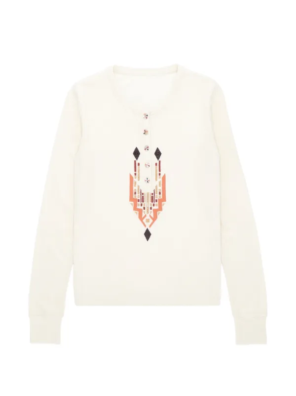Fortela Geometric-embroidered Henley Top in Neutrals