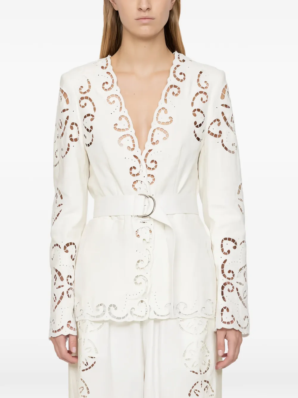 Sea Dahlia broderie anglaise blazer met ceintuur Wit