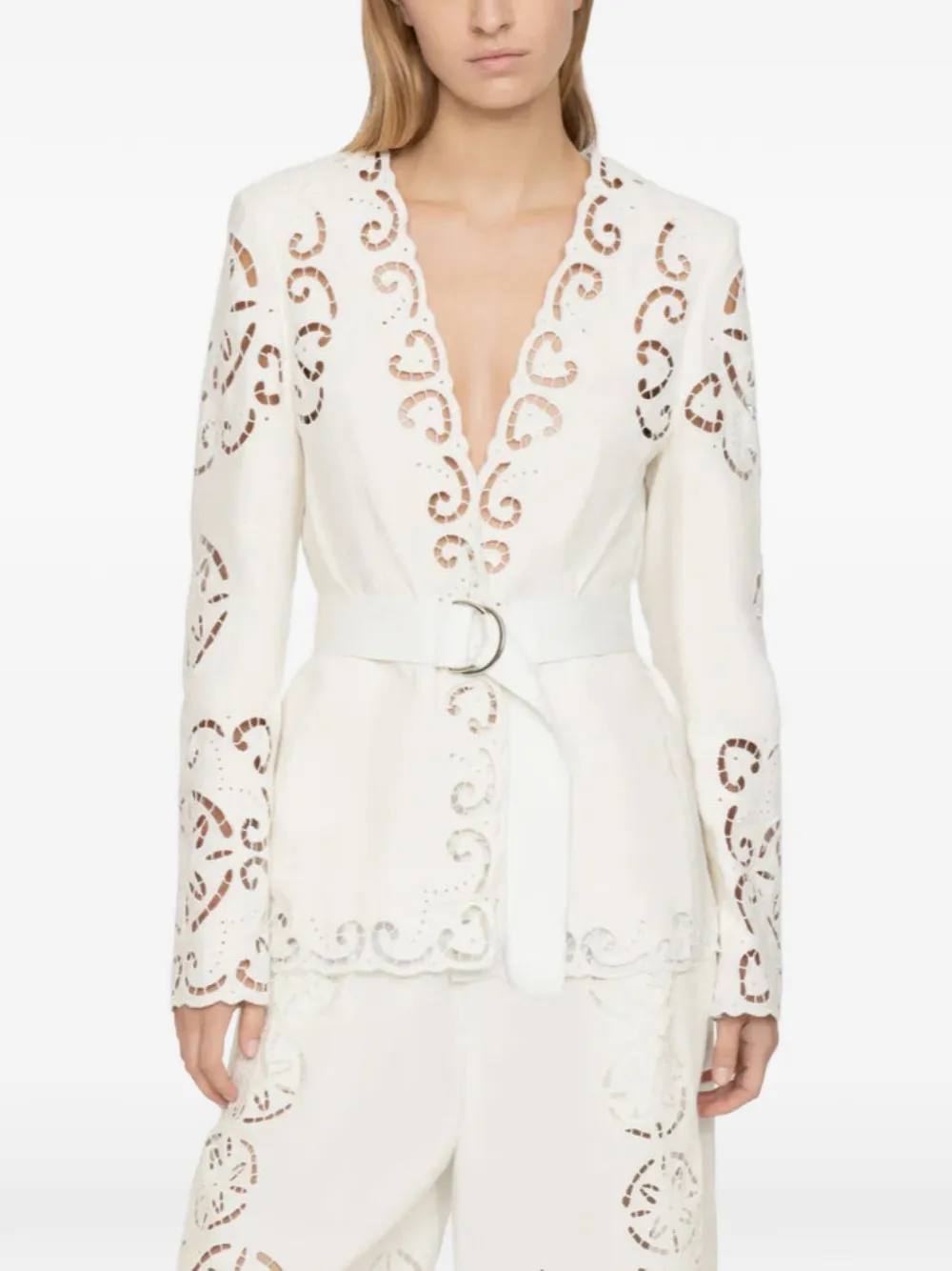Sea Dahlia broderie-anglaise belted blazer - Bianco