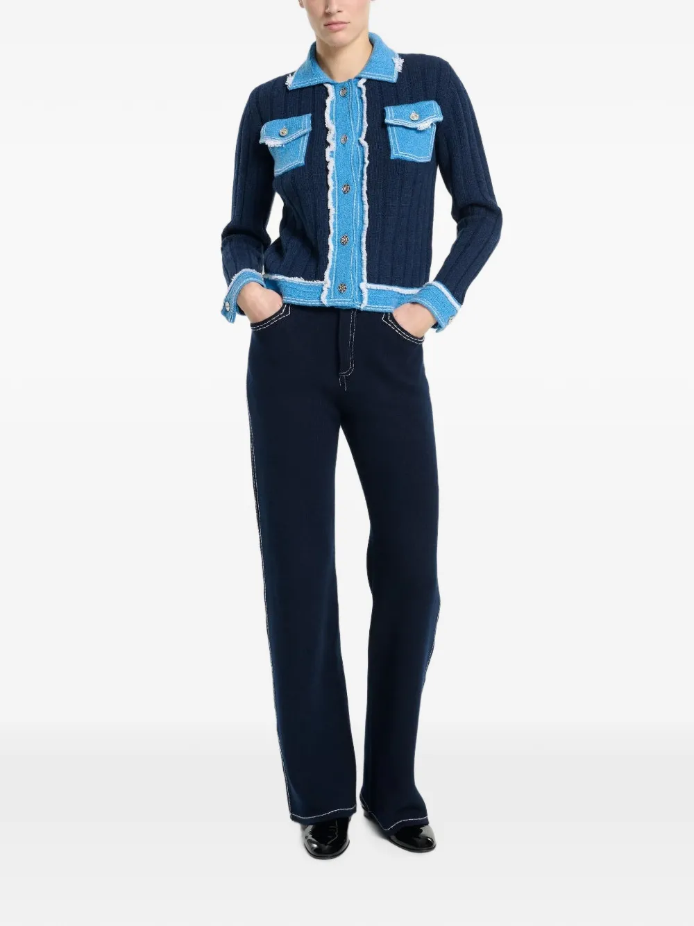 Barrie Ribgebreid jack met franje afwerking Blauw