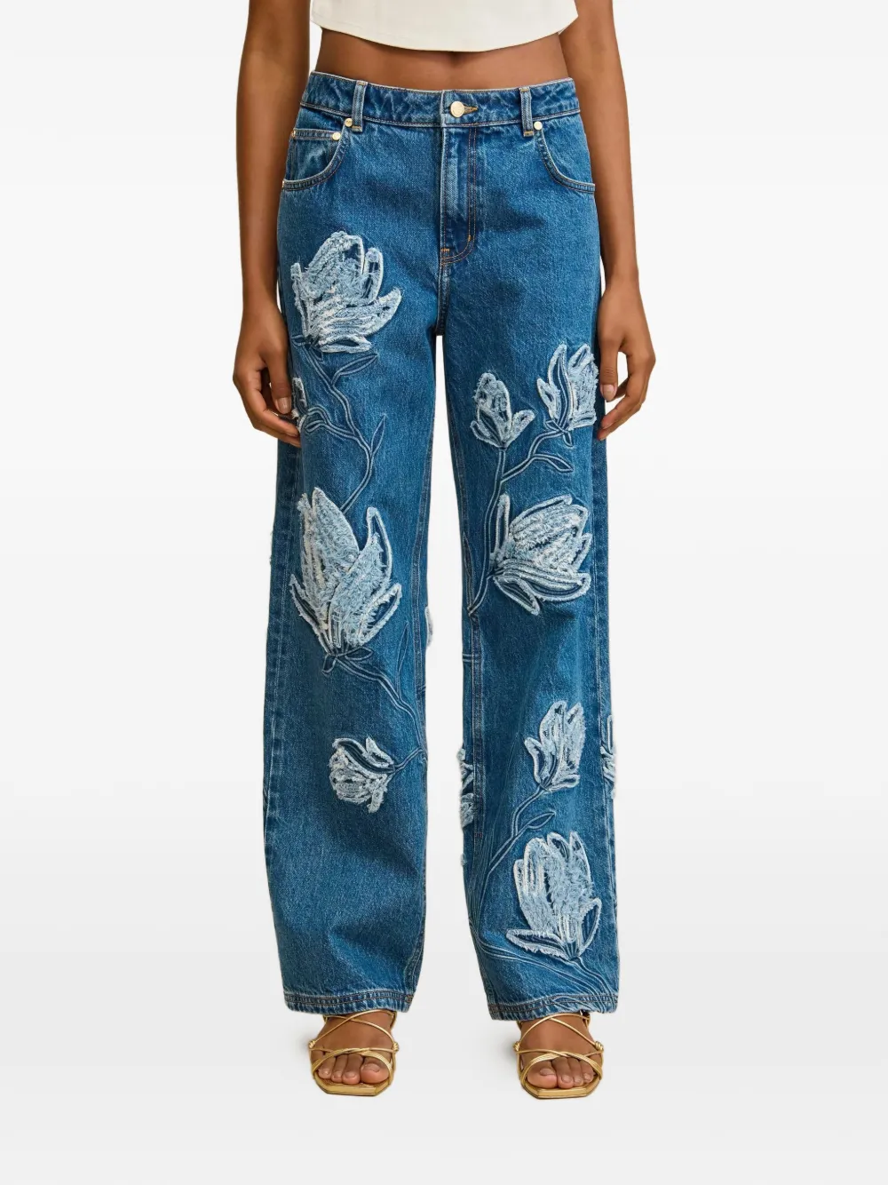 Cult Gaia floral-appliqué frayed jeans - Blu