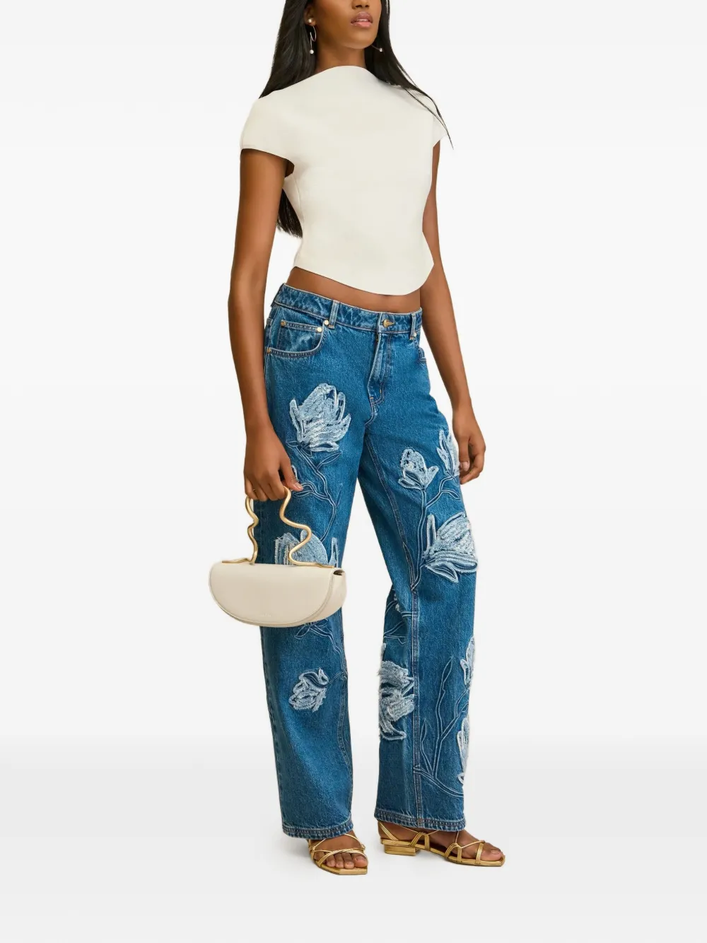 Cult Gaia Jeans met bloemen-applicatie en franje Blauw