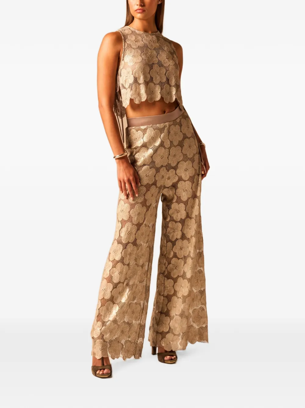 JBQ Dean broek met wijde pijpen en bloemenkant Beige