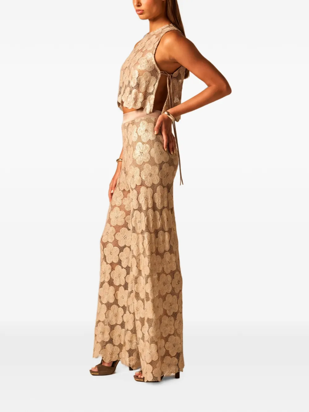 JBQ Dean broek met wijde pijpen en bloemenkant Beige