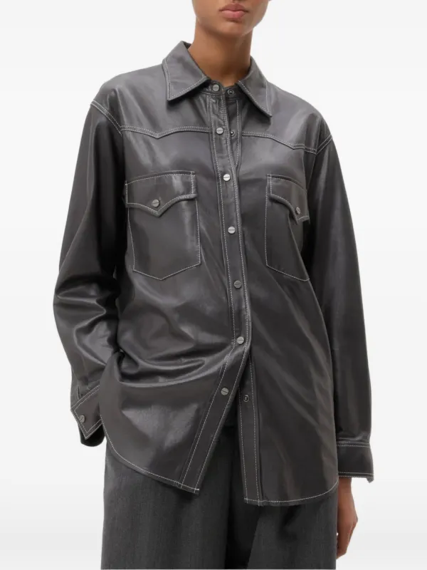 Twp Contrast-stitch Leather Shirt in Grey