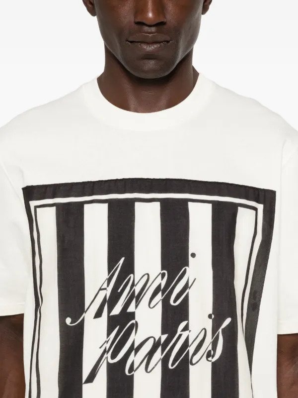 AMI Paris logo-print striped-patch T-shirt | Neutrals | FARFETCH