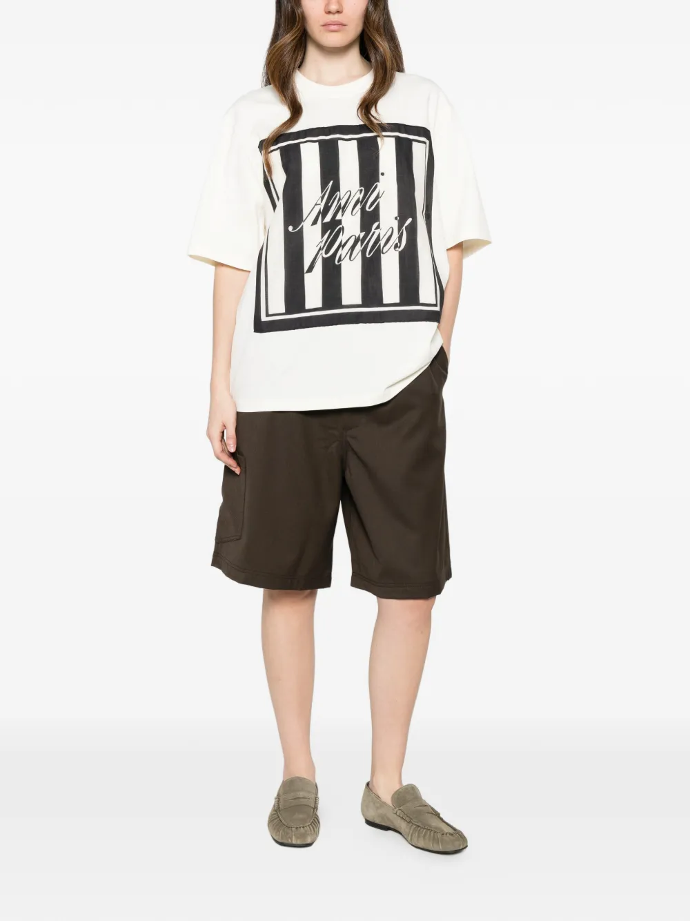 AMI Paris T-shirt met logo-print en gestreepte patch Beige