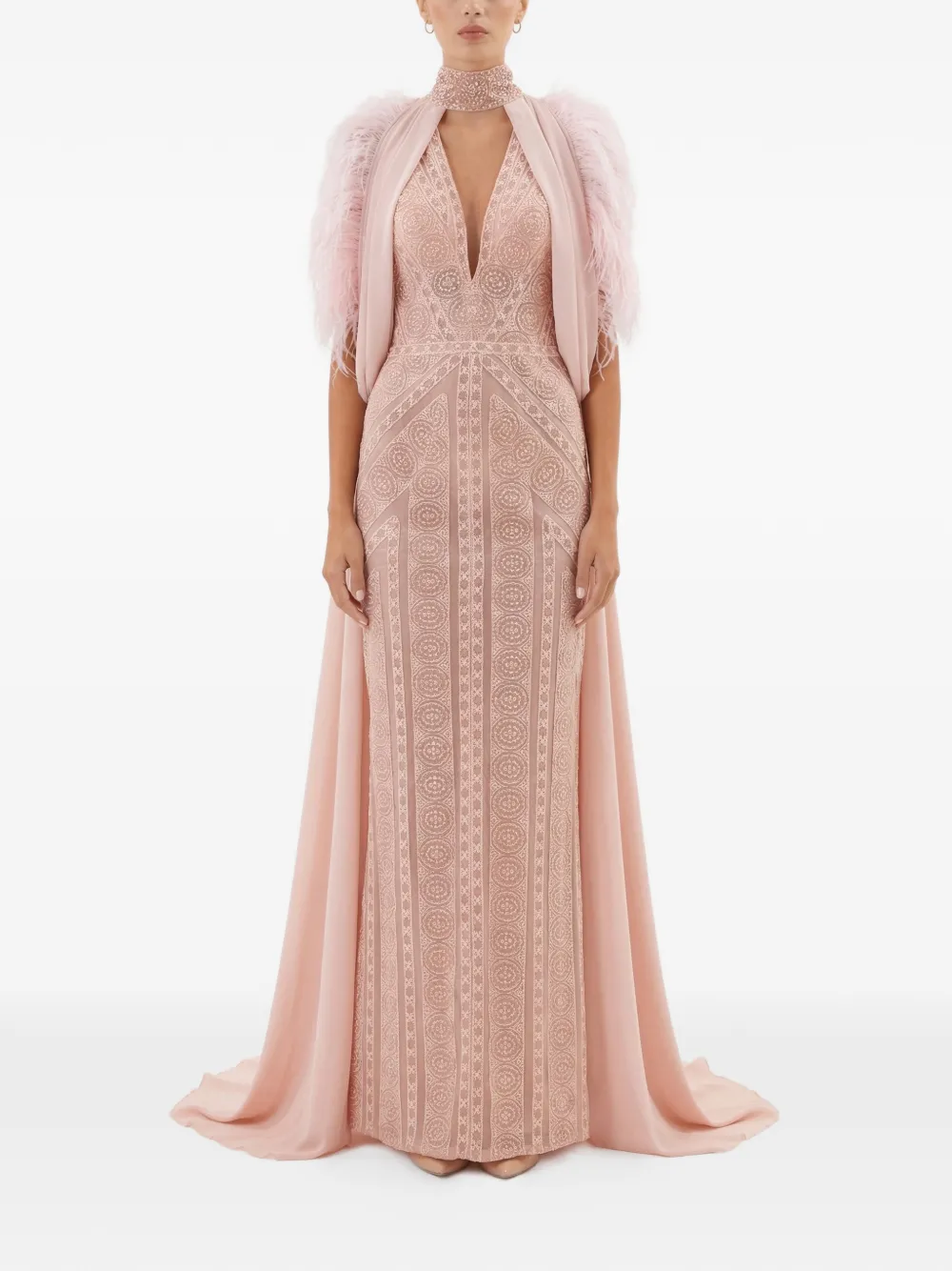 Gattinolli by Marwan lace feathered-trim gown - Pink