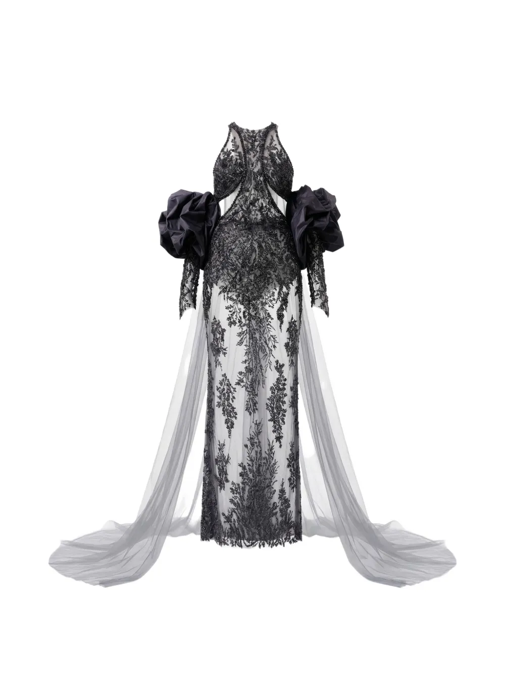 Gattinolli by Marwan bead-embellished ruffled-sleeve gown - Grey