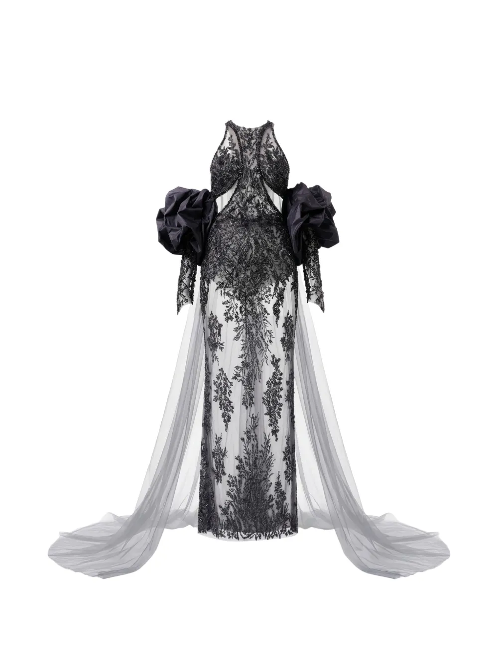 Gattinolli by Marwan bead-embellished ruffled-sleeve gown - Grey