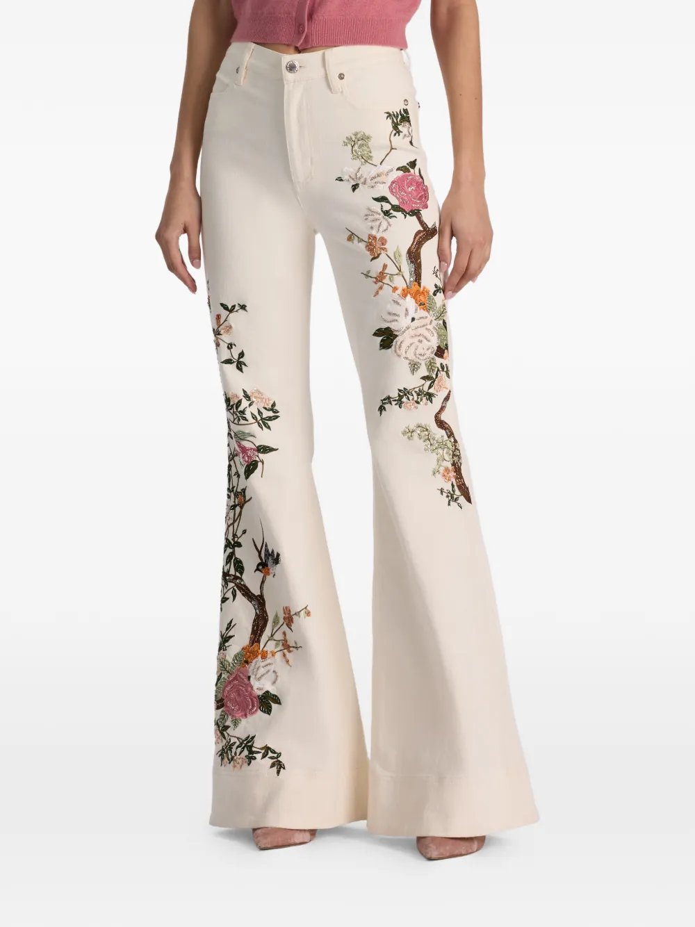 alice + olivia Beautiful floral-embroidered flared jeans - Bianco