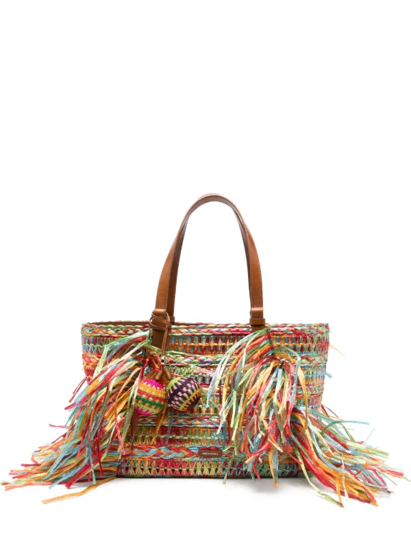 Aquazzura Trancoso Fringe-trimmed Woven Tote Bag in Red