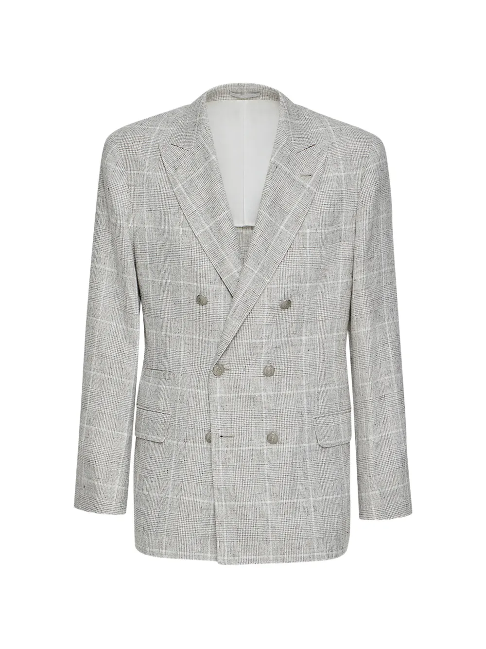 Brunello Cucinelli linen Prince of Wales one-and-a-half breasted deconstructed blazer with metal buttons - Grigio