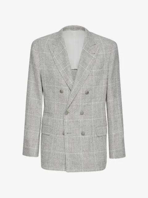 Brunello Cucinelli linen Prince of Wales one-and-a-half breasted deconstructed blazer with metal buttons