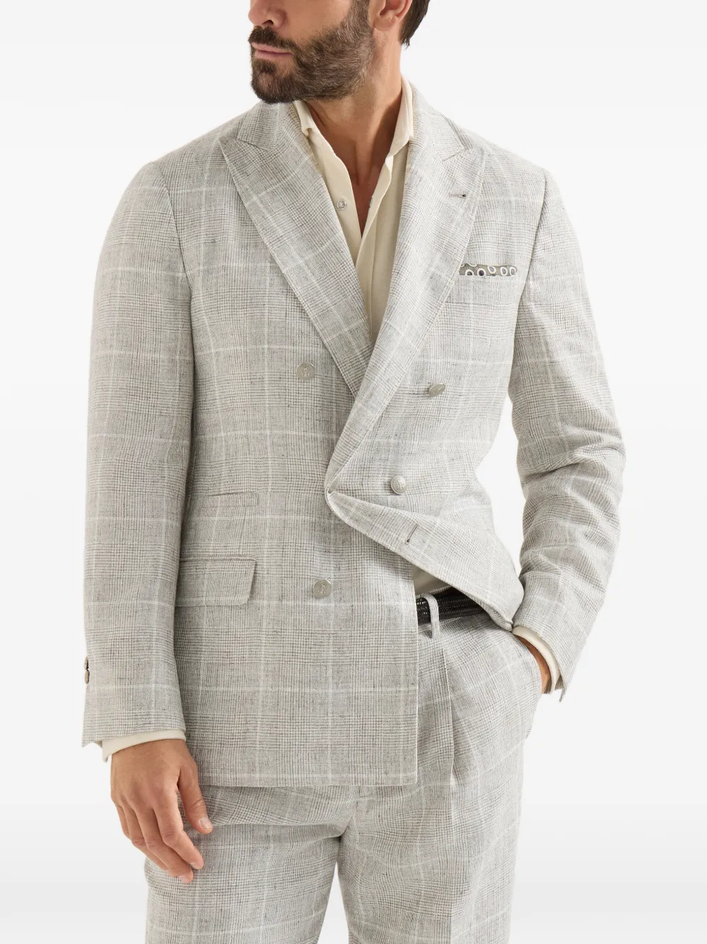  Brunello Cucinelli Linen Prince Of Wales One-and-a-half Breasted Deconstructed Blazer With Metal Buttons - Gris 