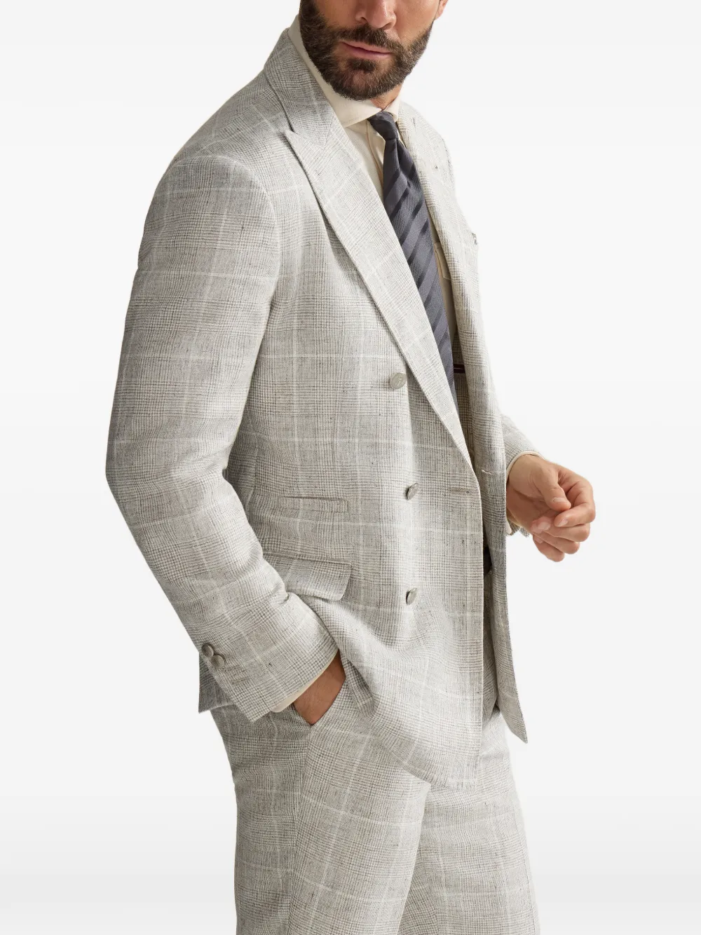 Brunello Cucinelli Prince of Wales gedeconstrueerde linnen blazer met metalen knopen Grijs