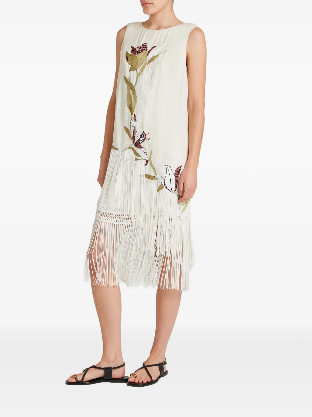 Temperley London Madeline jurk met geborduurde bloemen en franje Beige