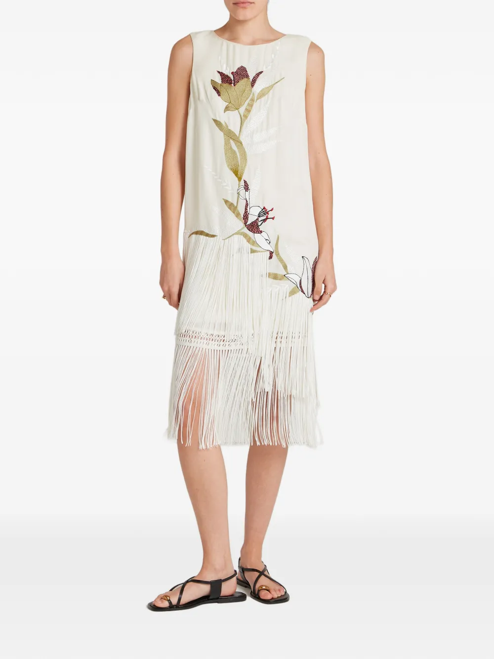 Temperley London Madeline jurk met geborduurde bloemen en franje Beige