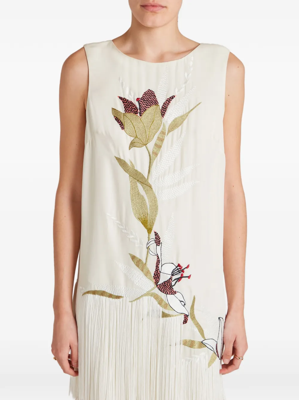 Temperley London Madeline jurk met geborduurde bloemen en franje Beige