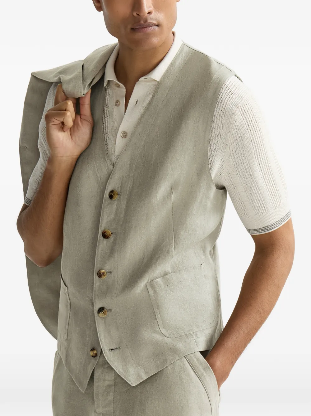 Brunello Cucinelli Linnen micro chevron gilet Groen
