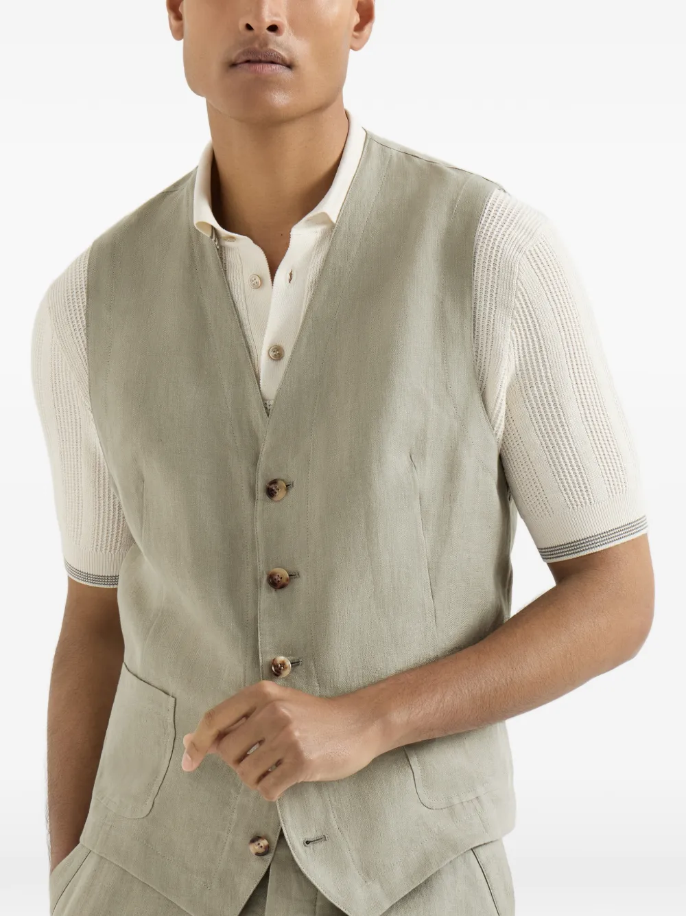 Brunello Cucinelli Linnen micro chevron gilet Groen