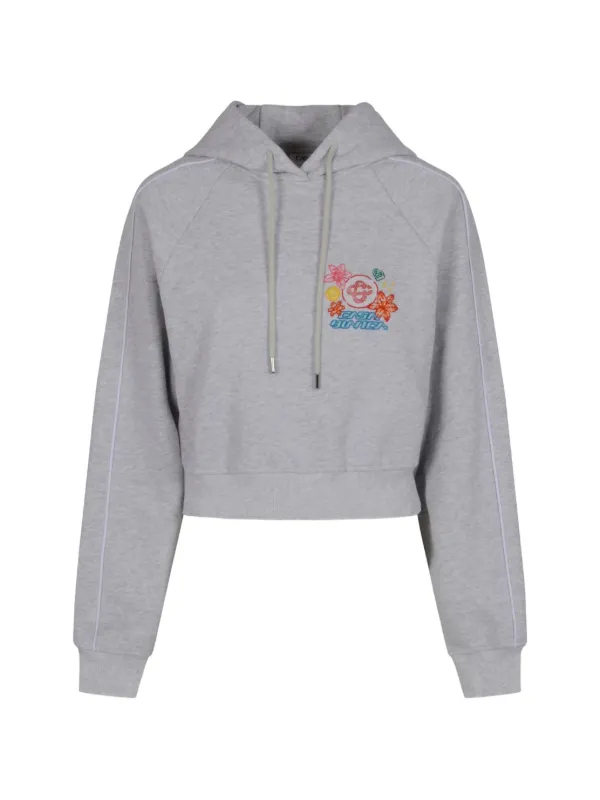 Casablanca Embroidered-detail Cropped Cotton Hoodie in Grey
