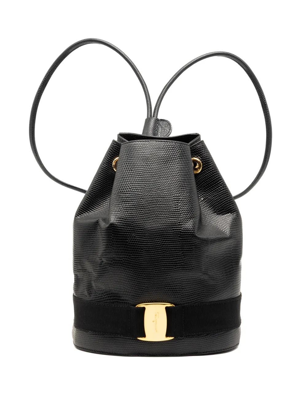 Ferragamo Pre-Owned 2000-2026 Lizard Embossed Leather Vara Bow Drawstring backpack - Nero