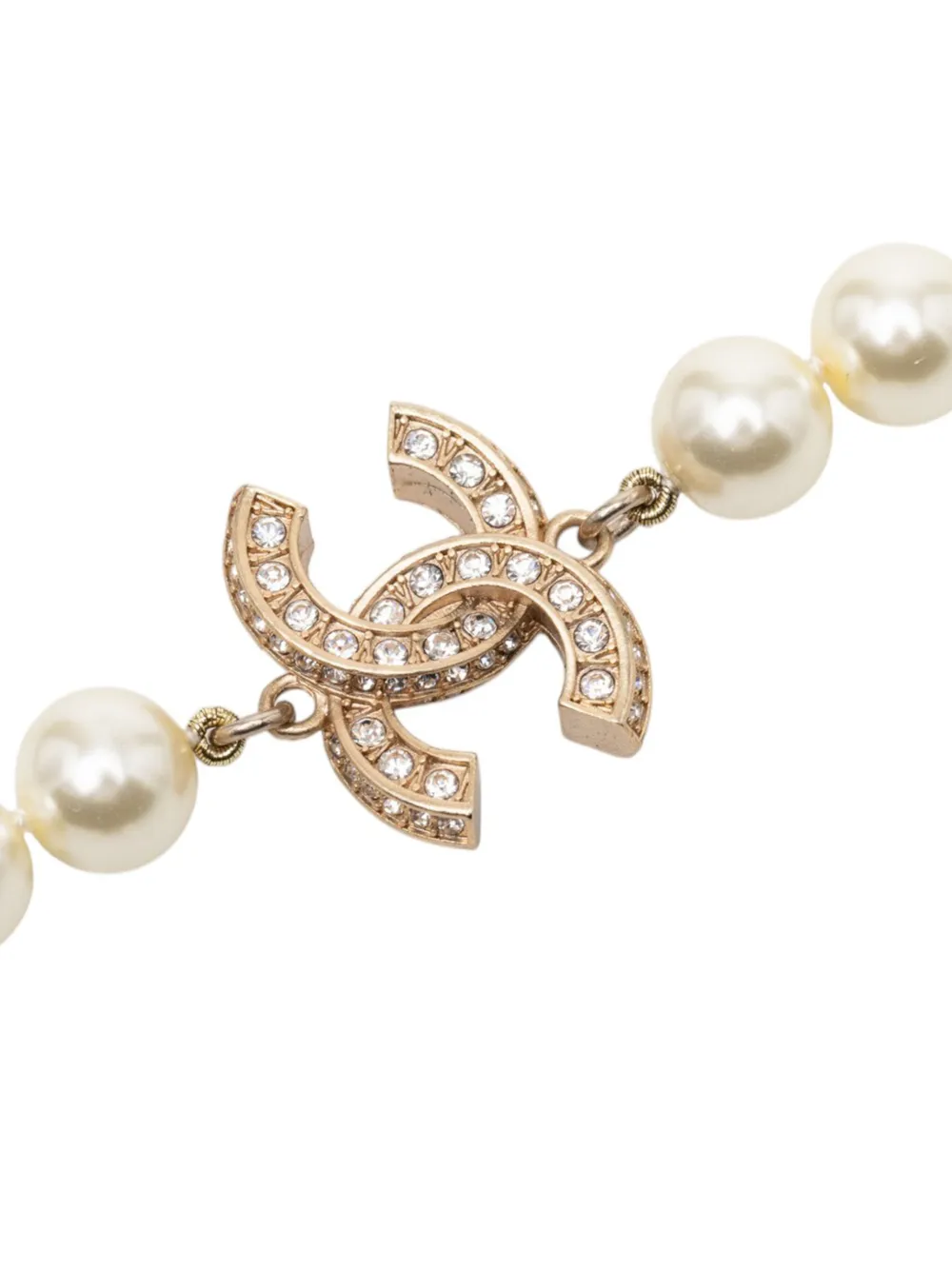 CHANEL Pre-Owned 2020 CC Gold Plated and Faux Pearl Rhinestones Long Necklace costume necklace - Bianco