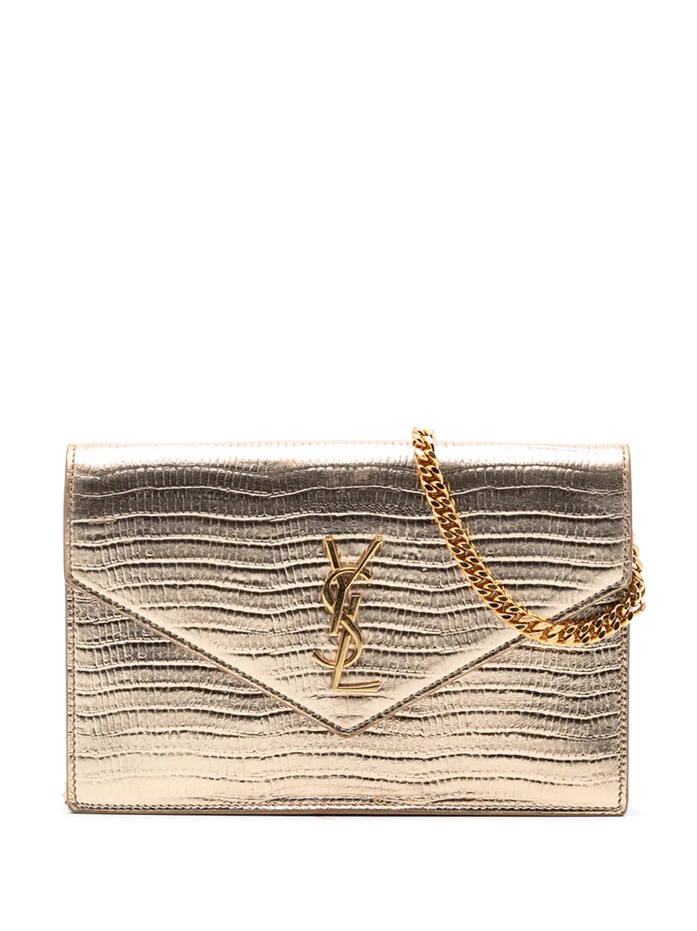 Saint Laurent Pre-Owned 2016 Lizard Embossed Metallic Calfskin Monogram Envelope Chain Wallet crossbody bag - Gold